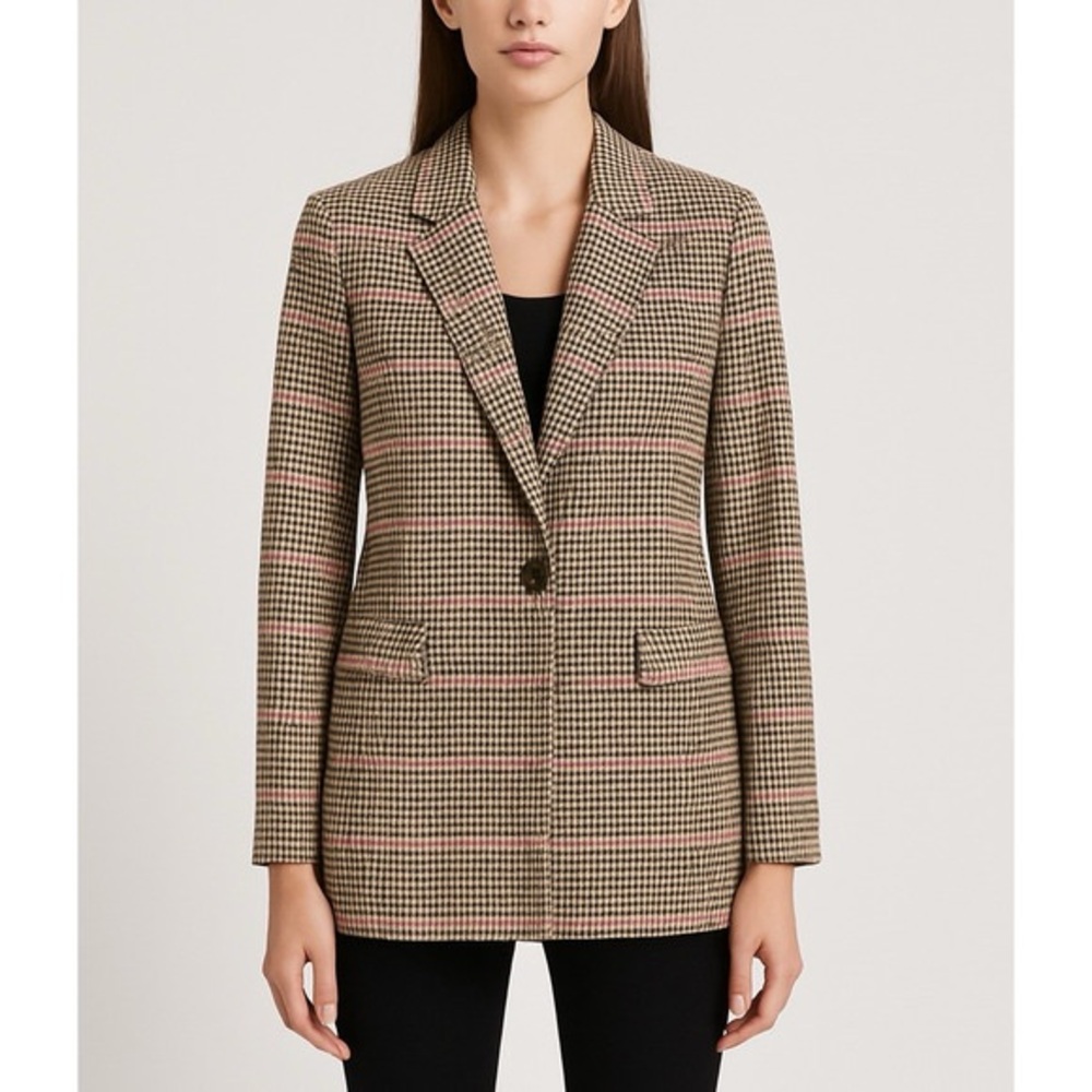 LOFT Plaid Check Blazer Size 6 Tan Black Pink Classic Tailored Career Jacket